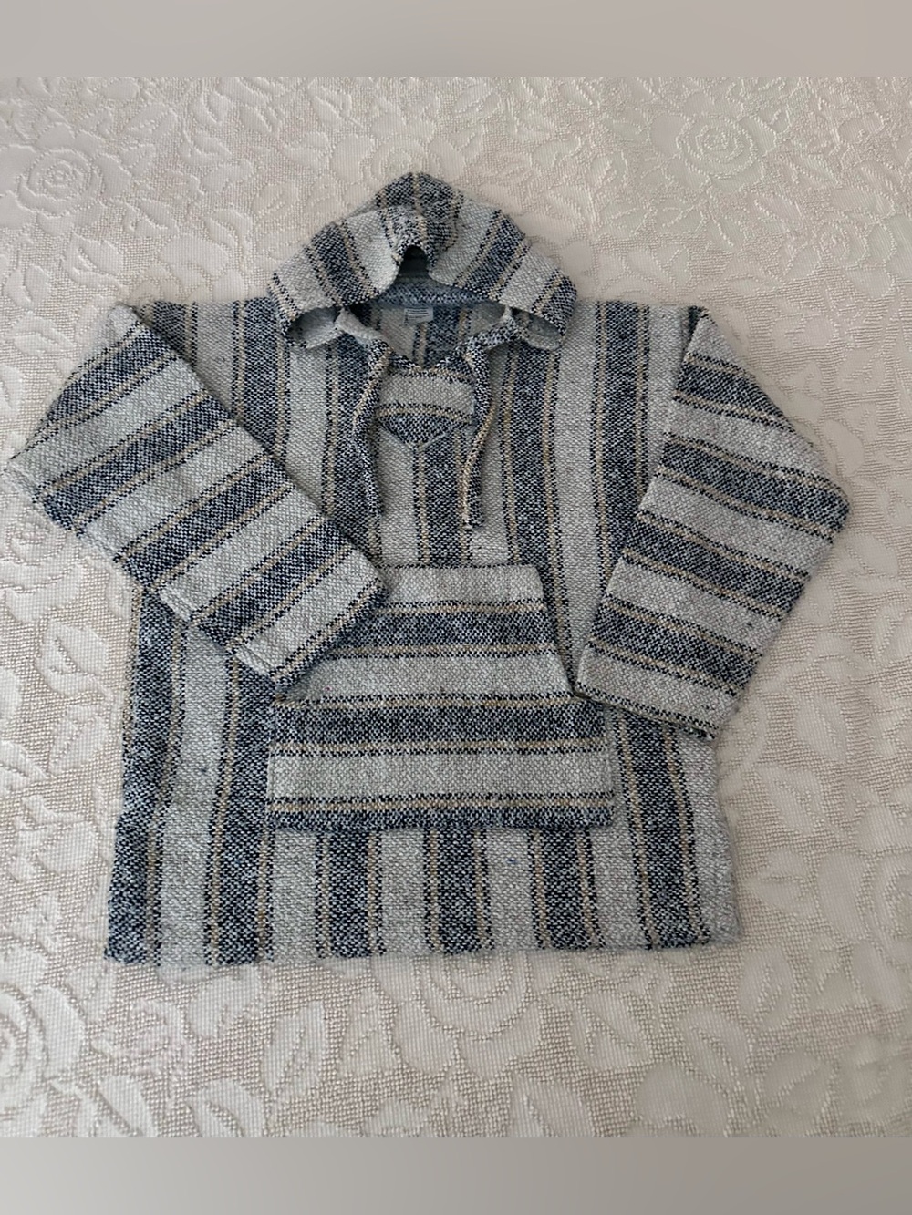 VTG 90’s SOFT Baja Hoodie Mexican Drug Rug Surfer Poncho- Blue & Cream Large